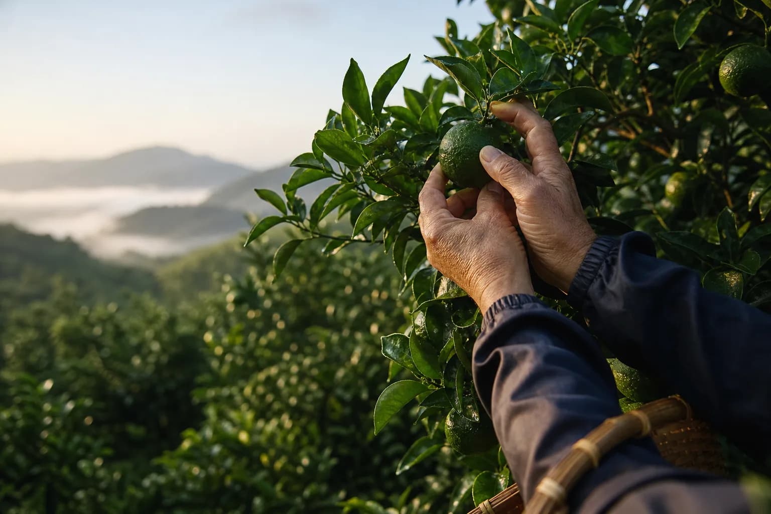 Green kabosu citrus being picked by hand in a Kyushu orchard